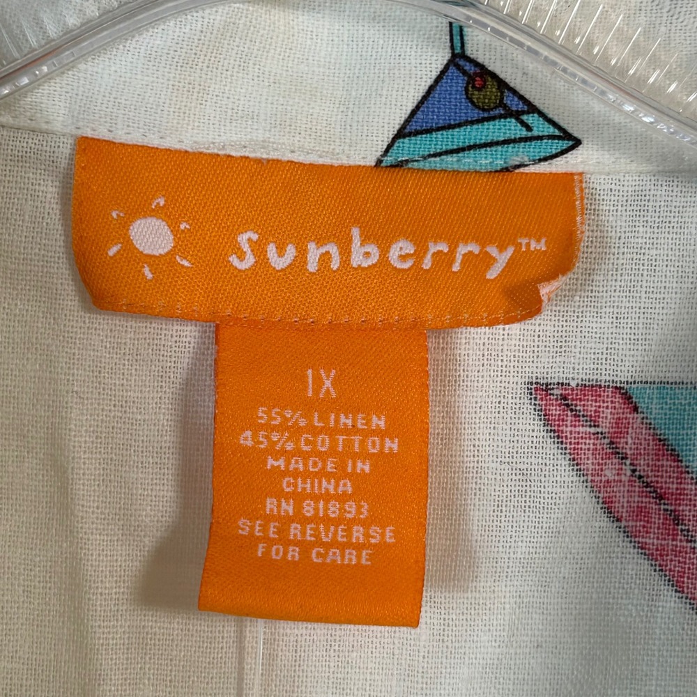 Sunberry Linen Blend Martini Glass Print Button Down Shirt Ivory Womens 1x Nwt View 3